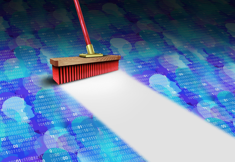 Image of a broom sweeping over and cleaning digital data belonging to individuals.