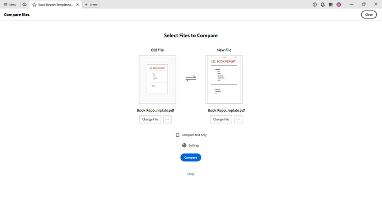 Screenshot from Adobe Acrobat showing the tool to Compare PDF files.