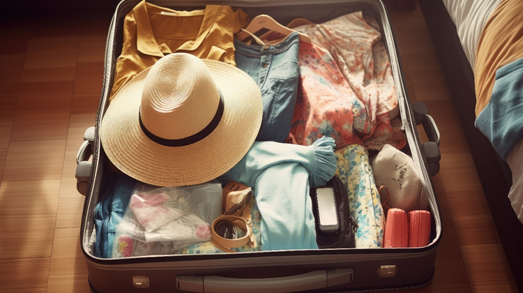 Photo of a suitcase backed and organized with various items for a summer holiday.