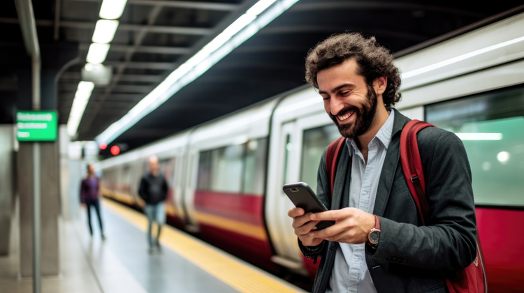 Photo of a man in a train station smiling while looking at a smartphone.