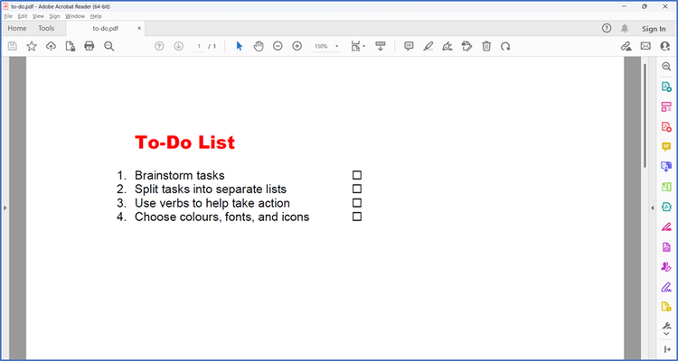 Screenshot of an example of a to-do list PDF file open in Acrobat Reader showing the icons for sharing at the top right of the screen.