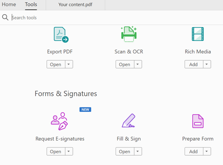 Screenshot showing the Prepare Form option, among others, in the Tools option box.