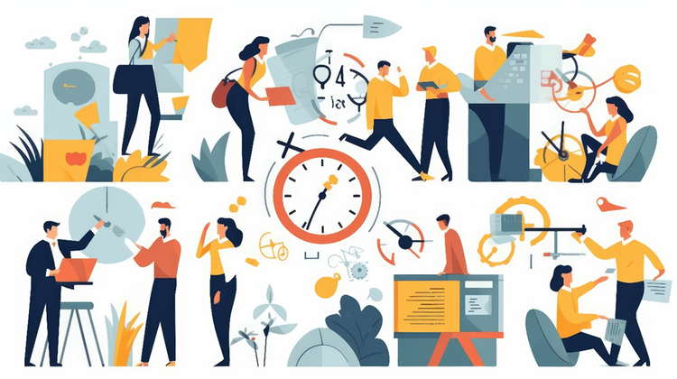 Illustration of different people busy with different tasks in different locations and settings.