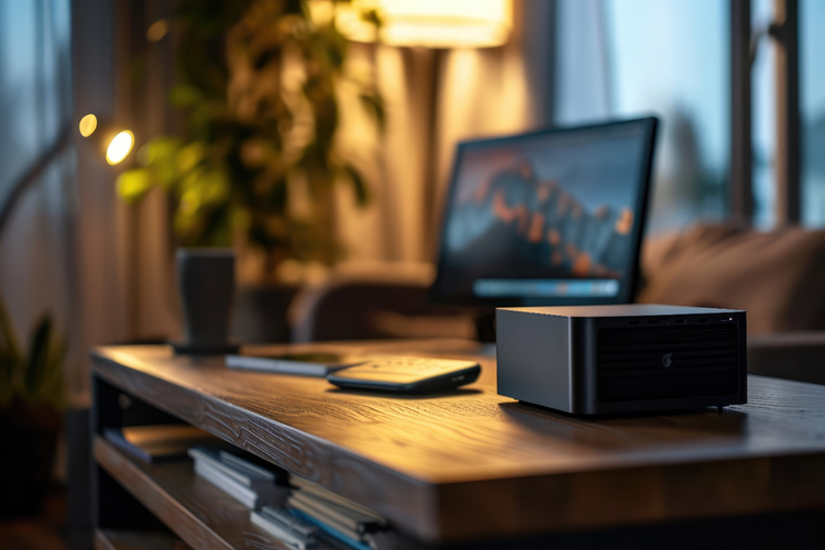 Photo of an uncluttered home desk with a computer monitor and storage devices.