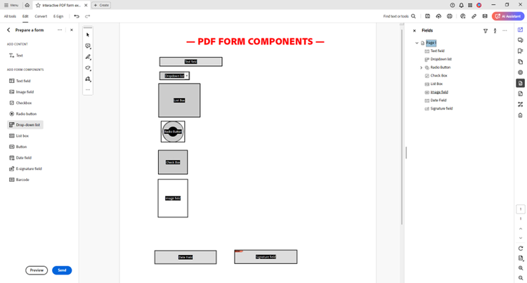 Screenshot from Adobe Acrobat Pro showing the Prepare a form components and fields.