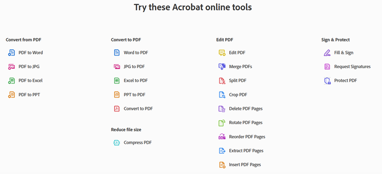 Screenshot of the Acrobat online tools for working with PDFs.