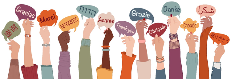 Diagram of several hands holding speech bubbles that say thank you in multiple languages.