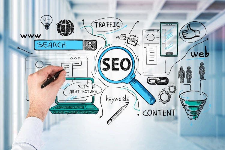 Man's hand drawing a flowchart diagram of search engine optimization. Images include a search box, documents, websites, smartphones, funnel, people, cogs, linked chain and magnifying glass. Wording includes "traffic", "SEO", "content", "keywords", "web".