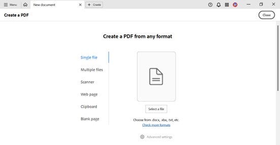 Screenshot of the screen to convert files to PDF in Adobe Acrobat Pro.