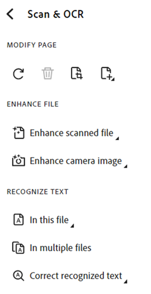 Screenshot of the Scan & OCR options in Adobe Acrobat Pro.