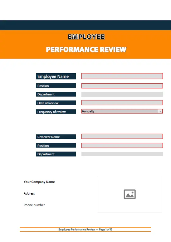 Screenshot of a free employee performance review PDF template to download and edit with Adobe Acrobat.