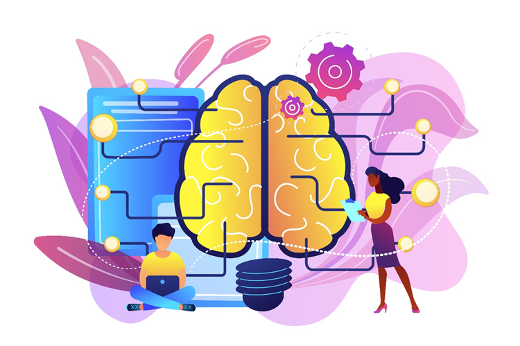 Illustration of a brain depicting through processes and connections to two people working.