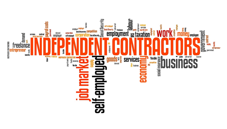 Diagram with multiple words describing aspects of independent contract words, such as taxation, money, government, business, self-employed, freelance, goods, and services.