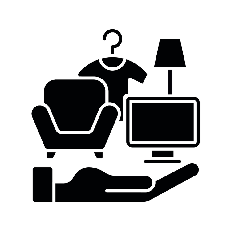 Icon depicting household items in the palm of a person's hand. Items pictured include a lounge chair, clothing, TV monitor and lamp.