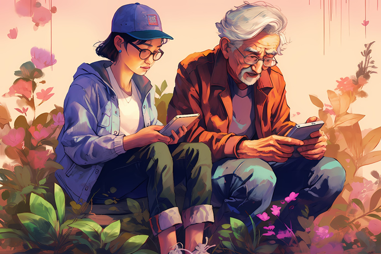 AI generated illustration of a teenager and an elderly man sitting in a garden. The teenager is using a smartphone, the elderly man is using a tablet.