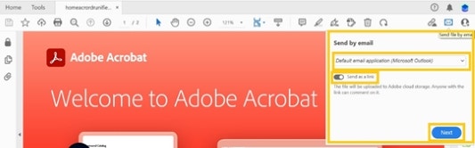 Screenshot of how to send PDF by email in Acrobat.