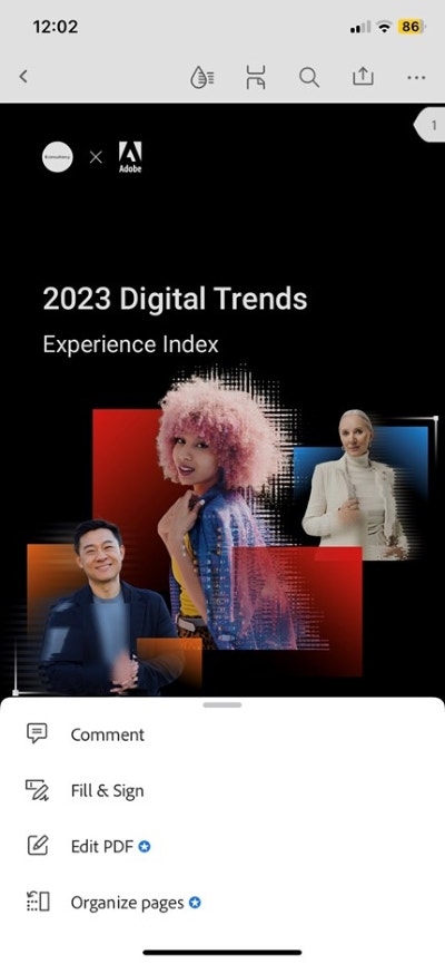 Edit PDF menu in Adobe Acrobat on iPhone.