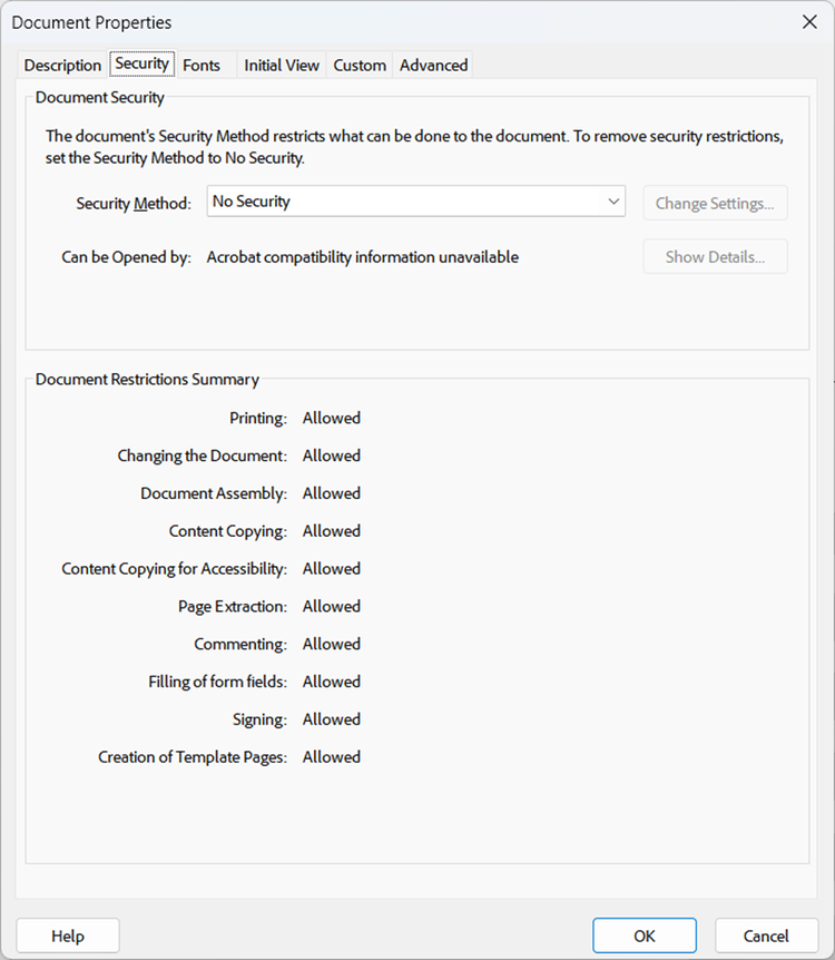 Screenshot from Adobe Acrobat Pro showing the Security settings within the Document Properties.