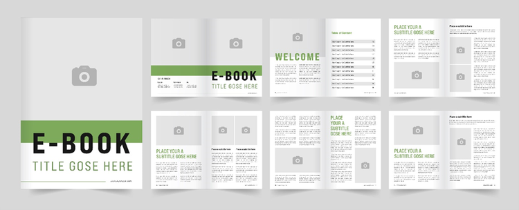 Sample eBook template layout including cover, title page, instro and text pages.