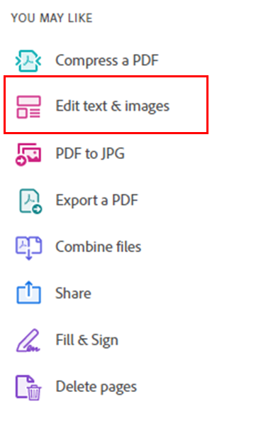 Screenshot of the toolbar in Adobe Acrobat, with the ‘Edit text & images’ option highlighted.