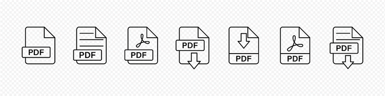 Series of seven black and white icons depicting PDF files with text, Acrobat logo, uploading and downloading files.