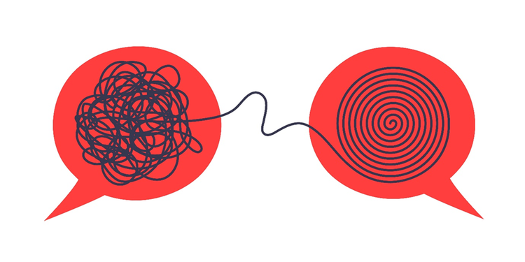 Diagram of two speech bubbles conversation icons with line scribbles in one, connected to a spiral of connected and flowing thoughts in the other.