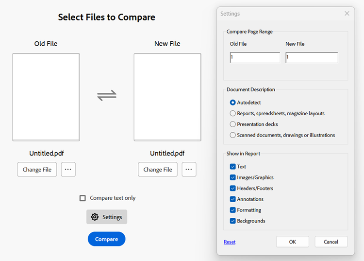 Screenshot from within Adobe Acrobat showing the tool to compare to PDF files and options to choose from.