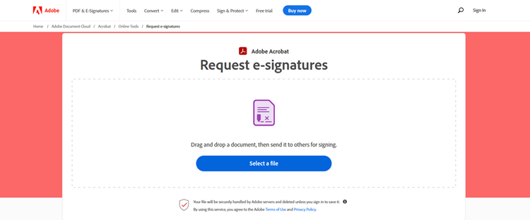 Screen shot of the Adobe Online drag and drop feature to request e-signatures.