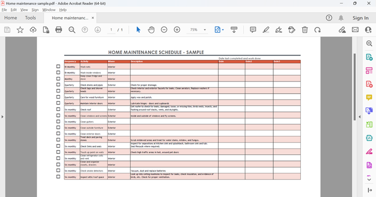 Screenshot of a home maintenance schedule PDF open in Acrobat Reader that was previously created in Excel and converted to PDF.