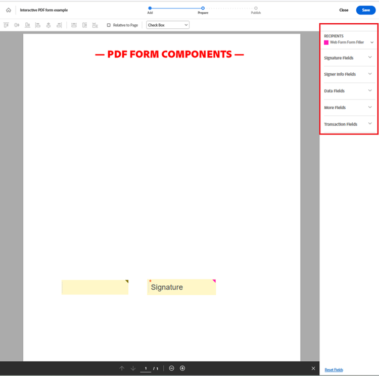 Screenshot from Adobe Acrobat Online showing the page to prepare a web form and add or edit fields.