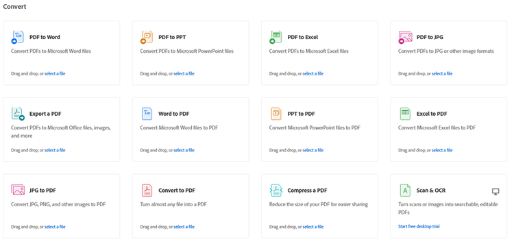 Screenshot from a free Adobe Acrobat Online account showing the tools to try the tools to convert PDF files online.