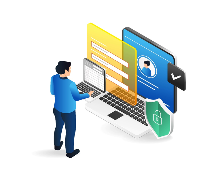 Illustration of a man standing in front of a laptop working on fillable digital forms. Overlaid icons depict data security and trustworthiness.