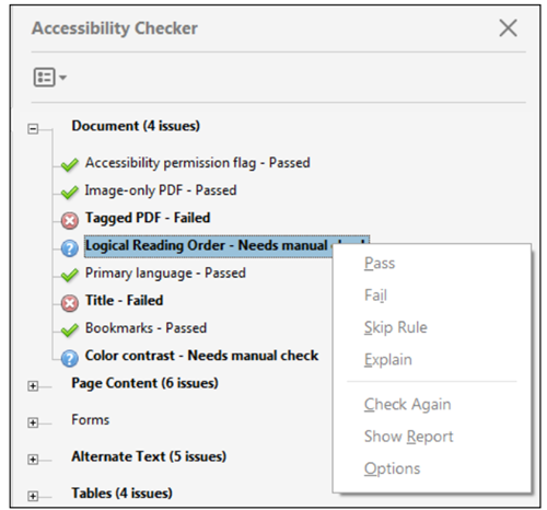 Screenshot of possible Accessibility Checker results after checking a document in Acrobat Pro.