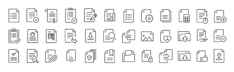 Series of 36 black and white icons depicting different document types such as reports, checklists, secure documents, agreements, etc.