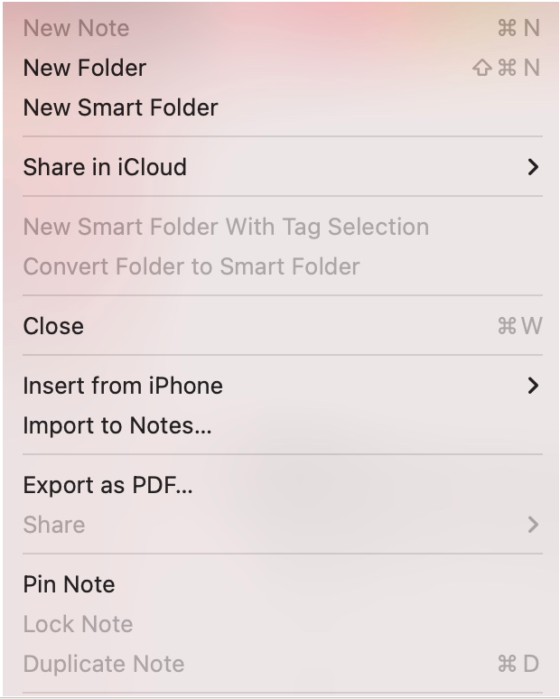 Image of the Notes File Menu, showcasing the Export as PDF… function.