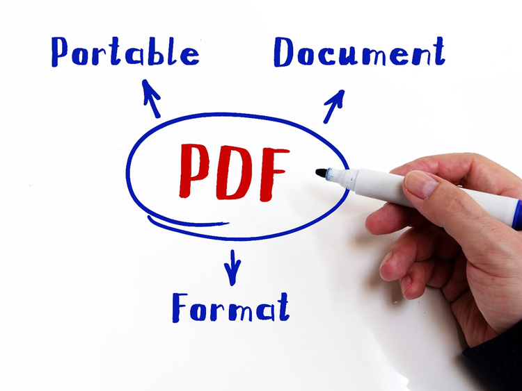 Hand drawn flow diagram with the initials PDF at the center with arrows going out to the individual words of portable, document and format.