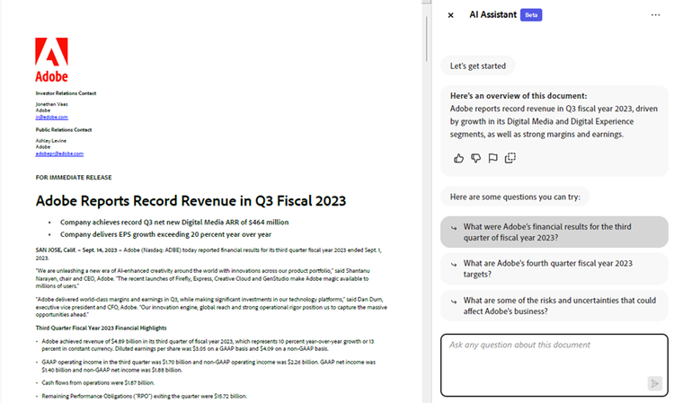 Screenshot of Adobe AI Assistant in action on Adobe's earnings press release.