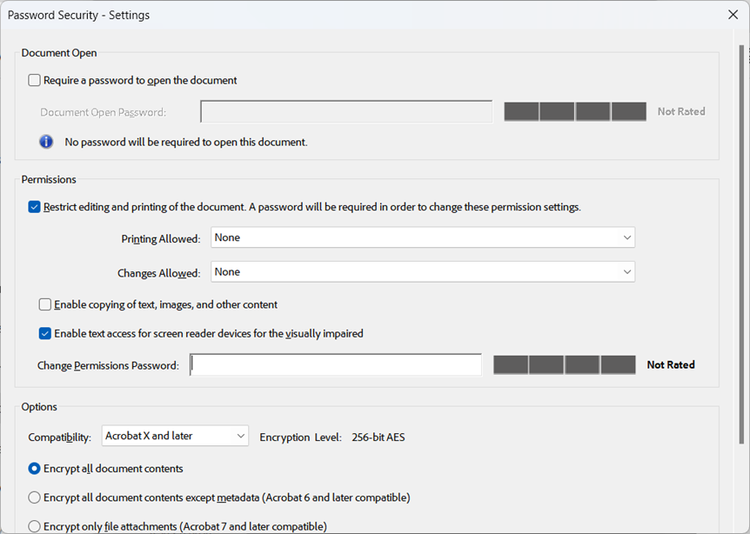 Screenshot of the settings in Adobe Acrobat to prevent users from copying and pasting text and images.