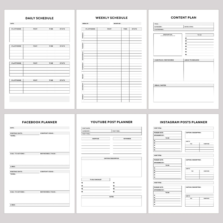 Examples of six different templates for scheduling social media posts.