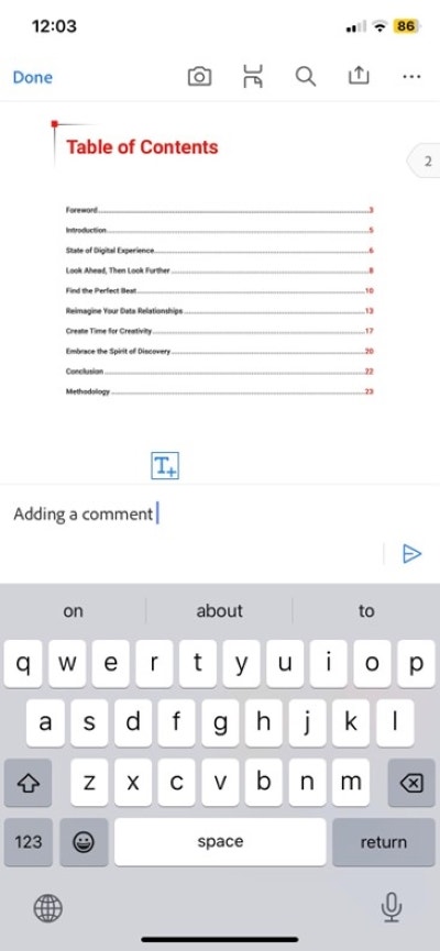 Add comment tool to PDF in the Adobe Acrobat iPhone app.