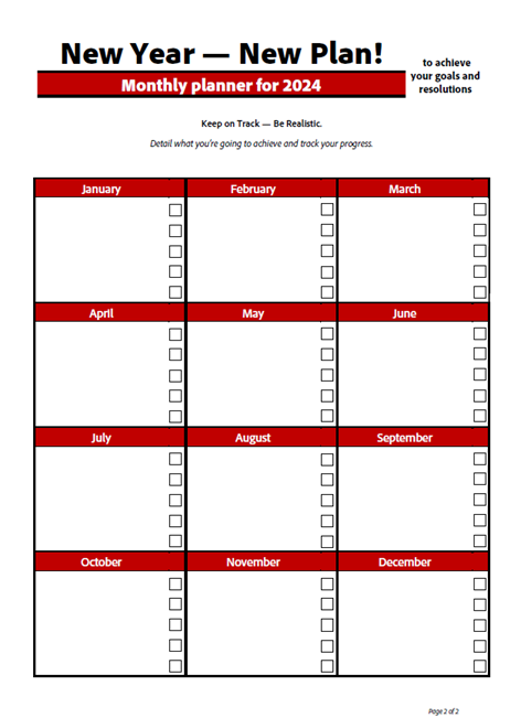 Screenshot of a free downloadable PDF monthly planner for tracking 2024 goals and resolutions.