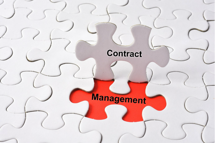 Contract management puzzle piece lifted, revealing "management" underneath, illustrating integration into broader picture.