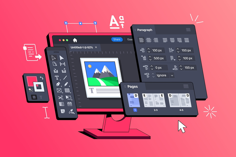 Illustration of different features available in software for formatting such as text size, paragraph spacing, page layouts, and more.