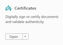 Screenshot of Certificates tool and description in Adobe Acrobat.