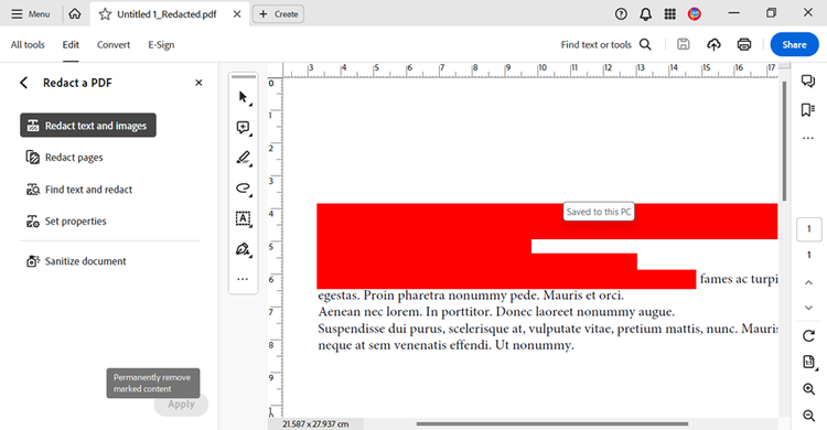 Screenshot from Adobe Acrobat Pro showing redacted text in a PDF document.