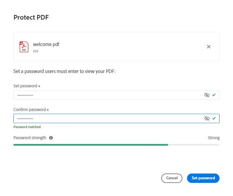 Screenshot of passwords matching on adobe acrobat online.