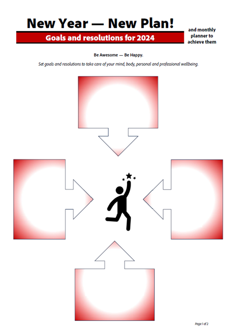 Screenshot of a free downloadable PDF template for setting goals and resolutions for 2024.