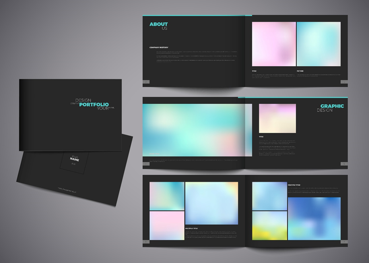 Layout of a sample design portfolio using colour and text to promote work.