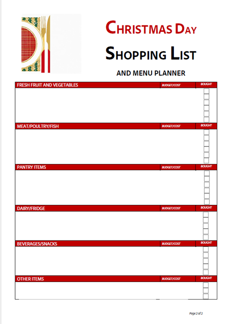 Screenshot of a free Christmas Shopping List PDF template.