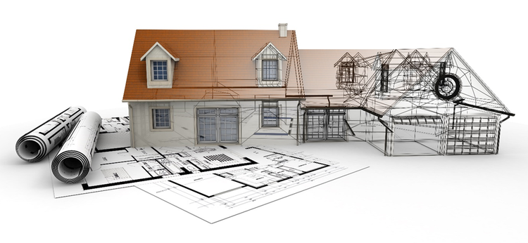 Illustration of a home and design plans.